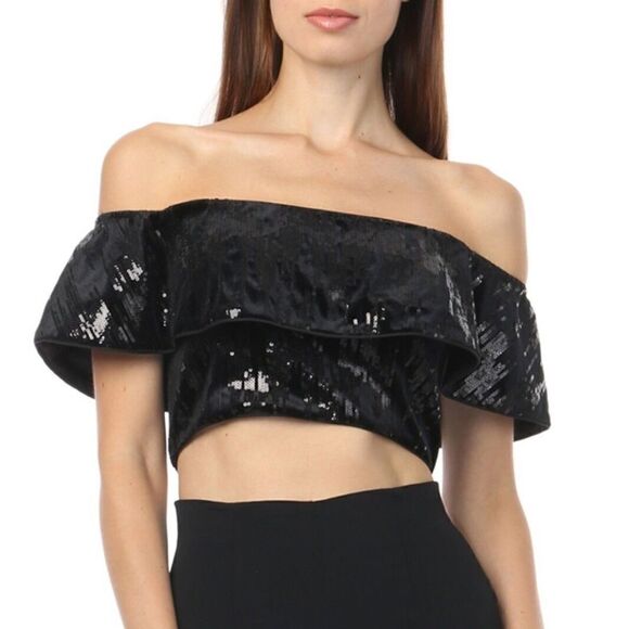 JAYGODFREY Black Sequence Off The Shoulder Crop Top - Picture 1 of 10